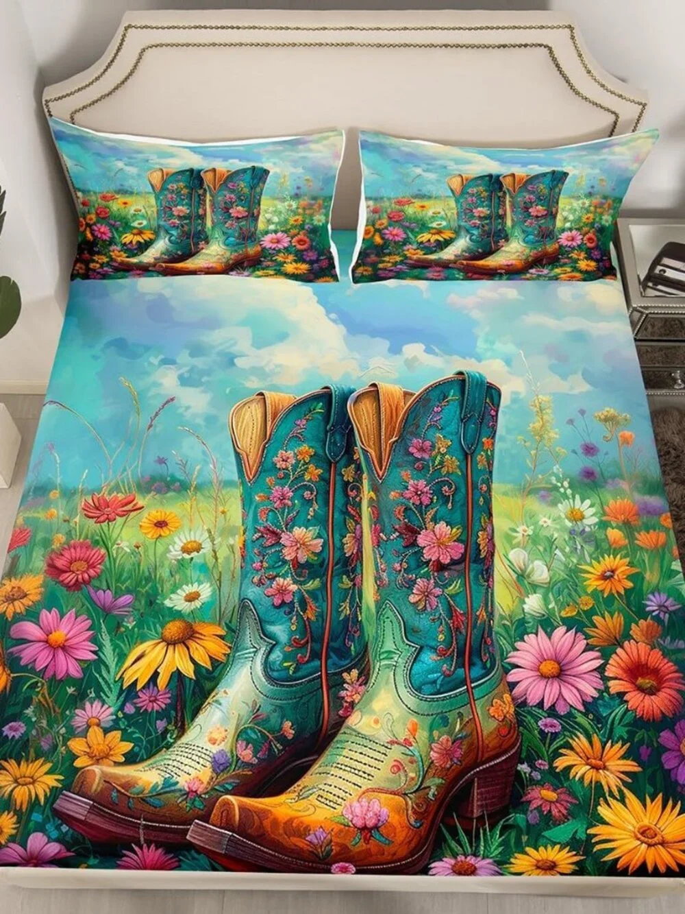 Western Cowboy Kids Fitted Sheet Twin Size,Cowgirl Tribal Boots Retro Bedding Se